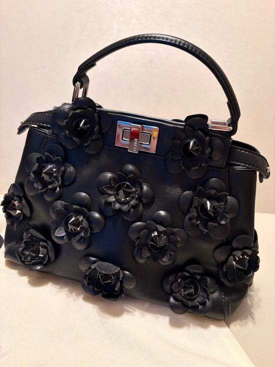 Fendi Handbags - Fendi Peekaboo Mini Floral Appliqué Leather Bag – Black